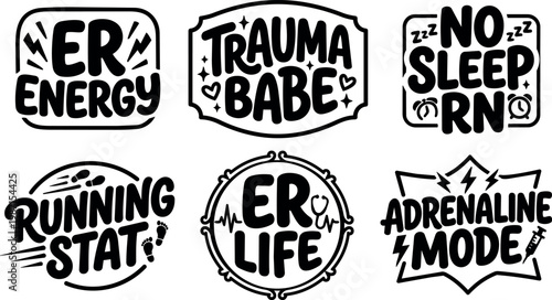 Black and white nurse emergency phrases with bold lettering and icons set
