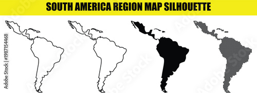 South america region map silhouette collection covering central america to southern cone in multiple vector art.