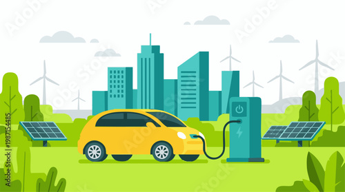 Electric car charging in a green city powered by renewable energy
