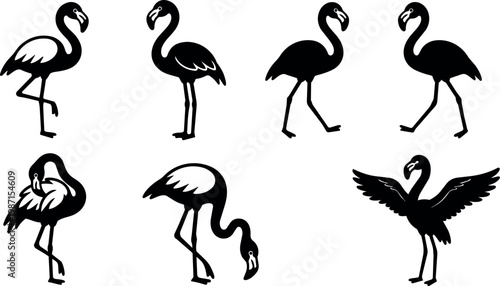 Black and white flamingo silhouettes in various poses vector art
