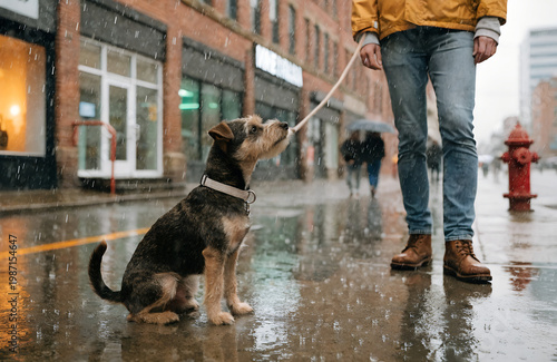 small terrier dog sitting and looking up, wearing harness and leash, realistic, isolated on transparent background, png