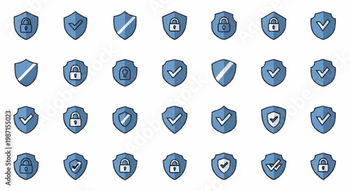 Collection of blue shield icons with security symbols.