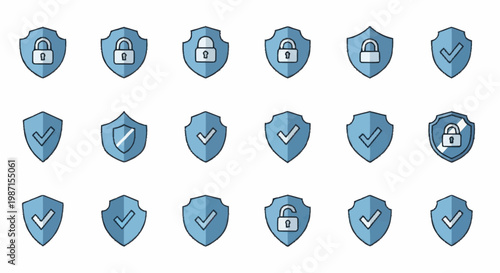 Collection of blue shield icons with locks and checkmarks.