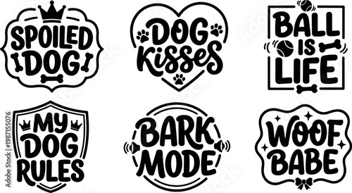 Black and white dog themed lettering set with playful phrases and icons