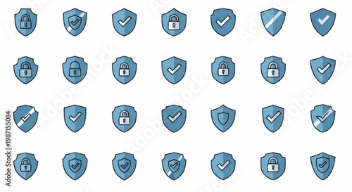 Collection of security shield icons with locks and checkmarks.
