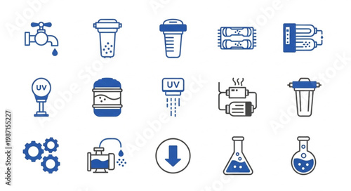 Water Filtration System Components Icons Set.