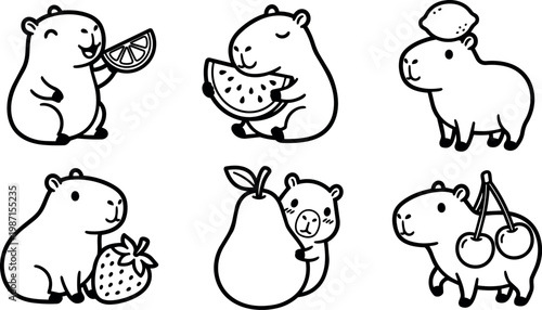 Black and white line art capybara with fruit illustrations eating and holding pears cherries and watermelon