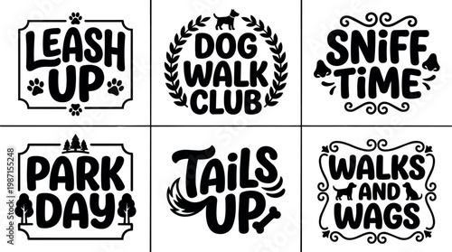 Black and white dog walk club and leash up lettering set with paws and trees