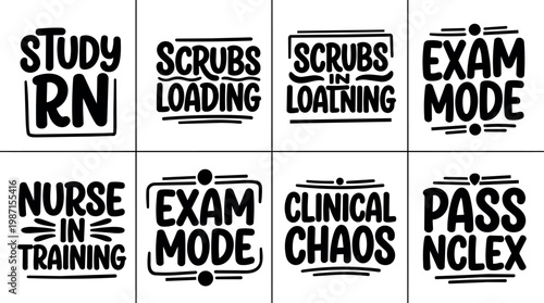Handwritten black and white nursing exam mode and study phrases vector art