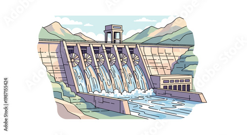 Illustration of a Hydroelectric Dam Generating Power in a Mountainous Landscape
