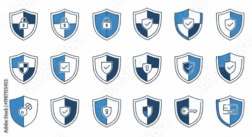 Collection of security shield icons with various symbols.