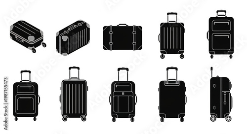 Collection of various black suitcases and luggage on white background.