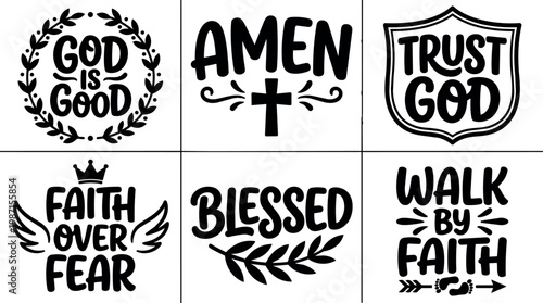 Black and white faith quotes with floral and wing ornaments vector art