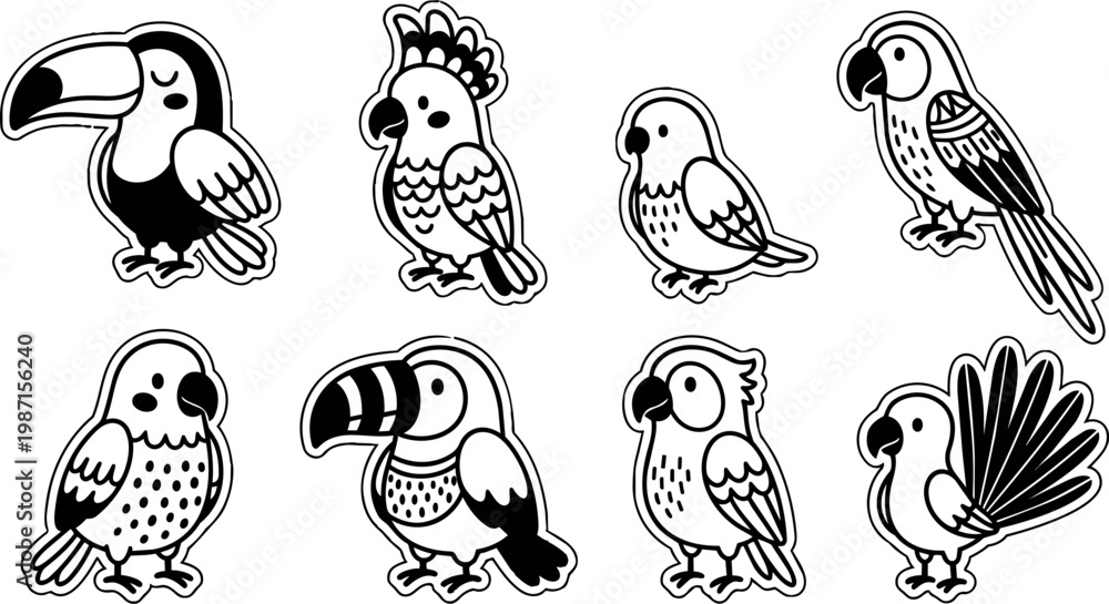 Fototapeta premium Eight different cartoon tropical birds illustration
