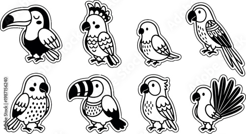 Eight different cartoon tropical birds illustration