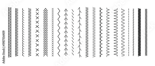 Vector stitch borders and decorative sewing lines. Geometric embroidery patterns with textile edges, cross-stitch elements, brush strokes, and thread design dividers for creative projects