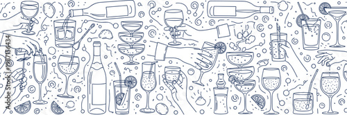 Hands holding wine champagne cocktail glasses with bottles, citrus slices, ice cubes, festive celebration party drink design flat vector illustration