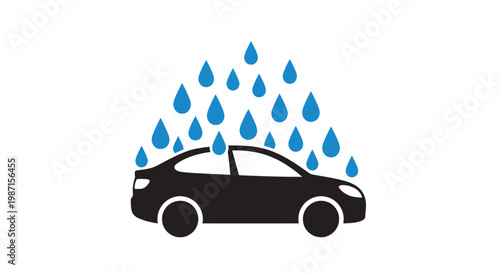 Automotive Cleansing: Car undergoing wash process with raining water droplets, black sedan style