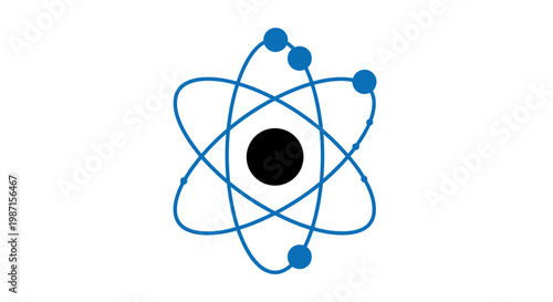 Atomic structure illustration of particles orbiting a central nucleus against a blank white backdrop