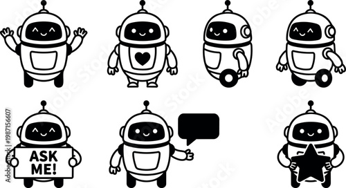 Smiling robots with signs and icons