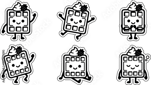 Black and white kawaii waffle character set with whipped cream and strawberry expressions