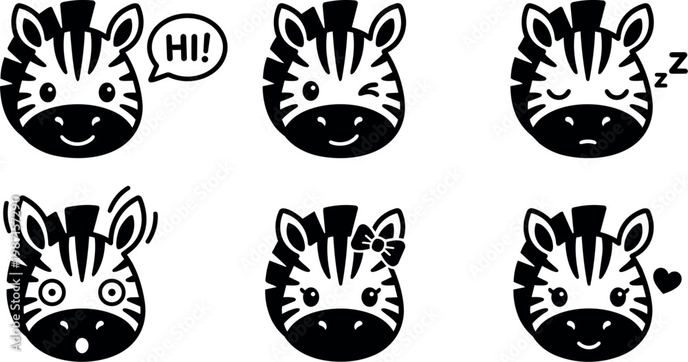 Fototapeta premium Black and white zebra faces with different emotions and speech bubble vector art