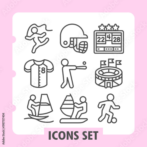 Gymnast woman, sport uniform, windsurfer minimalist icons set depicting fitness, health and daily activities items in outline style for apps and print on white background. Set of nine line icons.