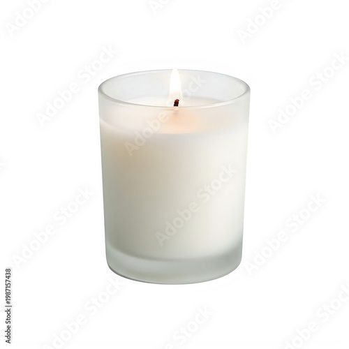 Elegant white candle in a simple cylindrical container with a flame isolated on transparent background