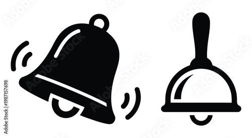 Black and white vector icon set showing a ringing bell and a handheld service bell design style.