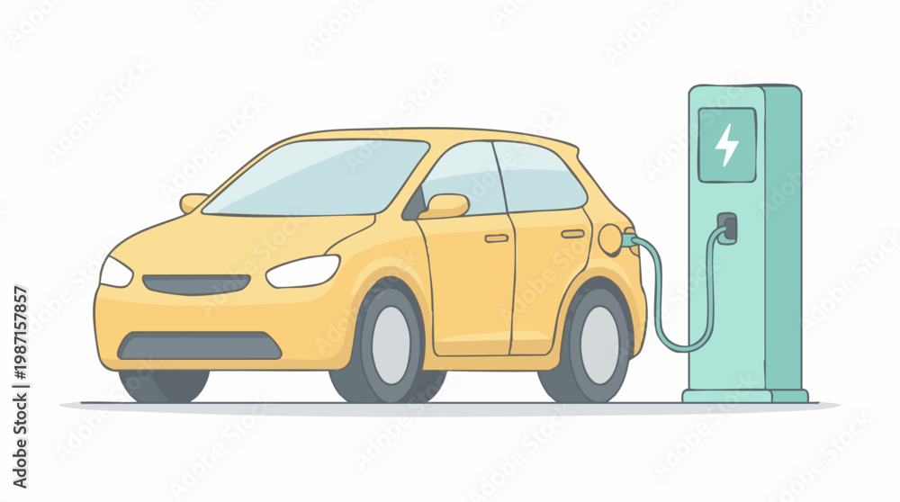 Naklejka premium Yellow electric car charging at a public charging station, vector illustration