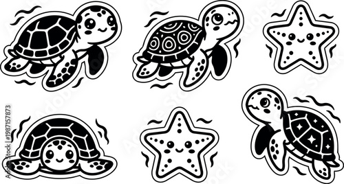 Cute black and white cartoon sea turtles and starfish vector art set