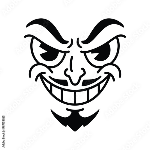 Retro cartoon face with evil smiling expression and mustache