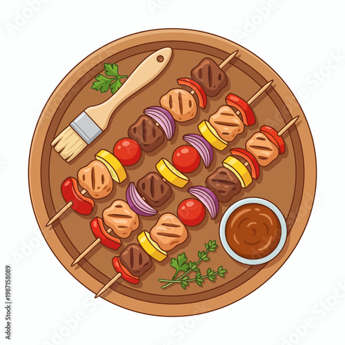 A mouthwatering display of grilled meat skewers packed with vibrant vegetables, prepared for an outdoor feast, perfect for summer barbecues and gatherings.