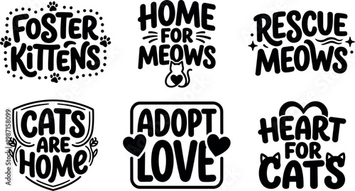 Black and white foster kittens adopt love heart for cats rescue meows home text vector art