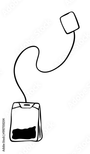 Tea bag hand drawn doodle graphic illustration. Engraving drawing of teabag. Simple tea time sketch. Drink beverage element for packaging, menu, stickers, recipe, label, tag