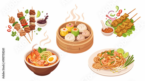 A mouthwatering collection of diverse Asian dishes including noodles, dumplings, skewers, and a steaming bowl, showcasing rich flavors and cultural culinary art.