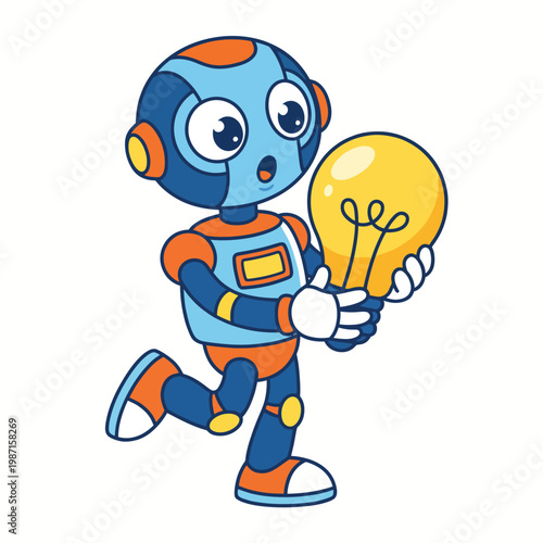A cheerful robot character enthusiastically carrying a glowing light bulb, symbolizing creativity, innovation, and technological advancement in a playful, artistic style.