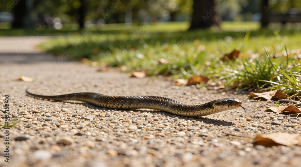 Fototapeta premium Snake slithering on a path surrounded by grass and autumn leaves 