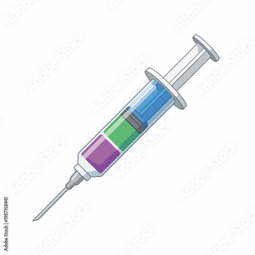 A detailed illustration of a syringe filled with multiple colored liquids, representing medical science, healthcare advancements, and the importance of vaccinations and treatments.