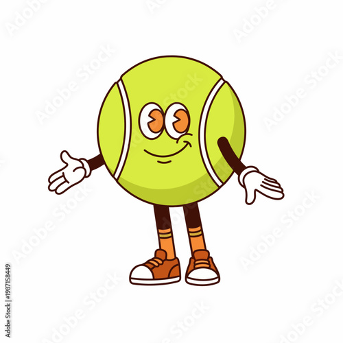 This playful cartoon of a smiling tennis ball character displays joy and friendliness, bringing a whimsical touch to the world of sports and encouraging a fun-loving spirit in tennis.
