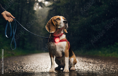 beagle dog walking on leash during evening walk, glowing LED collar tag, owner hand visible, park path background, cinematic lighting, realistic pet photography, shallow depth of field