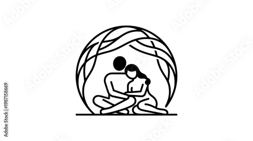 Minimalist Couple Embracing Under Abstract Canopy