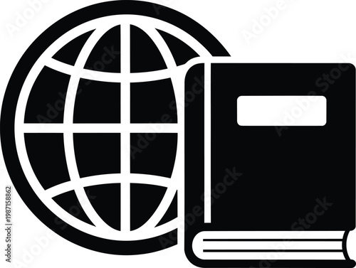 Globe and open book education concept icon on white background