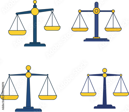 Law scales of justice symbol set for legal service courtroom authority and equality balance concept flat vector illustration isolated on white