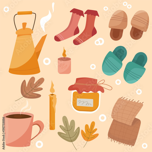 Hand drawn elements of clothing and decor. Autumn season, stickers, elements for design, books. Scarf, teapot, tea and coffee cup, beautiful leaves, socks, candles