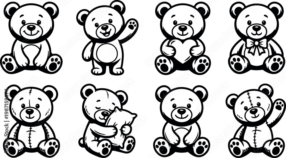 Fototapeta premium Black and white line art teddy bears with various poses and details
