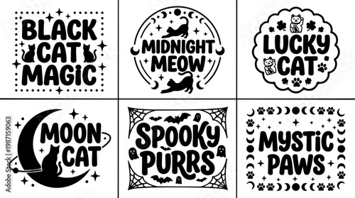 Black and white spooky cat phrases with stars bats and moons vector art