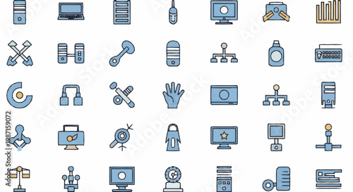 Collection of Technology Icons Computer Network Hardware and Software Symbols.