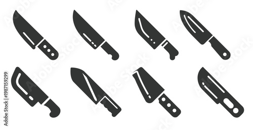 Minimalist knife set featuring various types of kitchen knives for culinary design. A set of kitchen knives and cutting board in black silhouette, vector illustration.