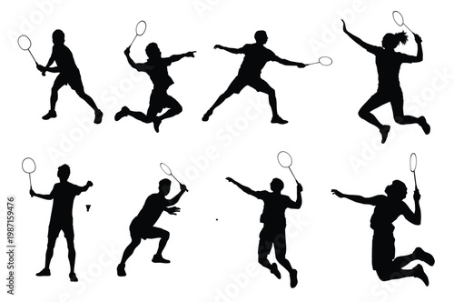 Collection of Tennis, Badminton Silhouette, Wheelchair Athletes, Doubles, Jump Smash, Dynamic Motion. Collection of badminton player silhouettes in dynamic action poses isolated on white background.